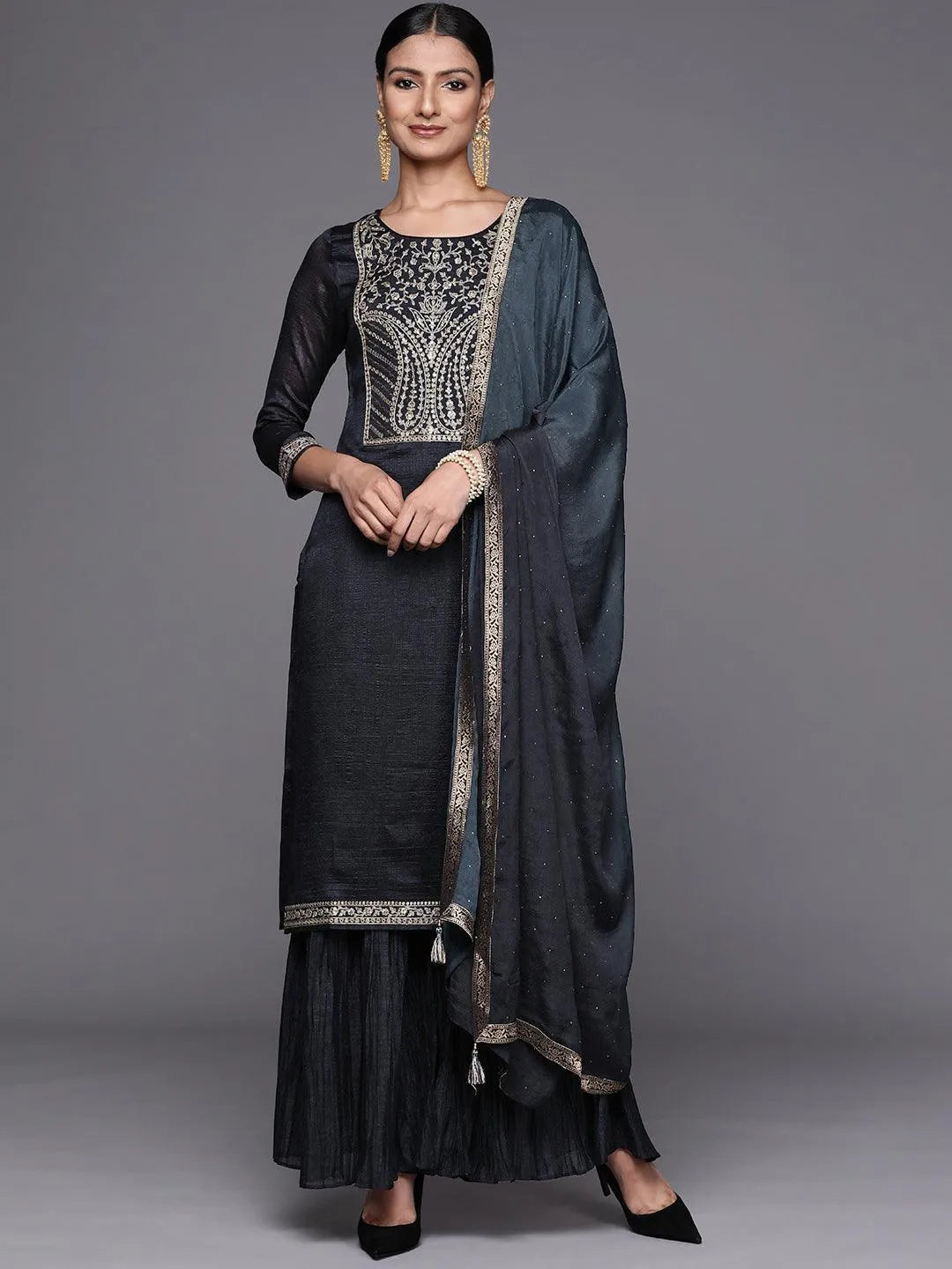 Charcoal Yoke Design Silk Blend Straight Suit Set