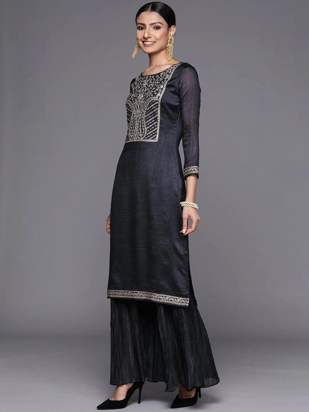 Charcoal Yoke Design Silk Blend Straight Suit Set