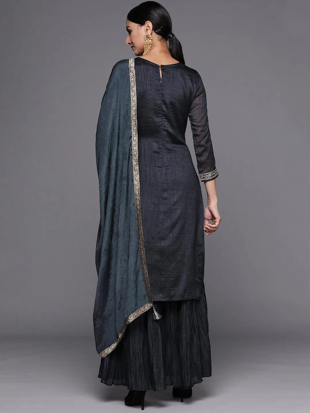 Charcoal Yoke Design Silk Blend Straight Suit Set