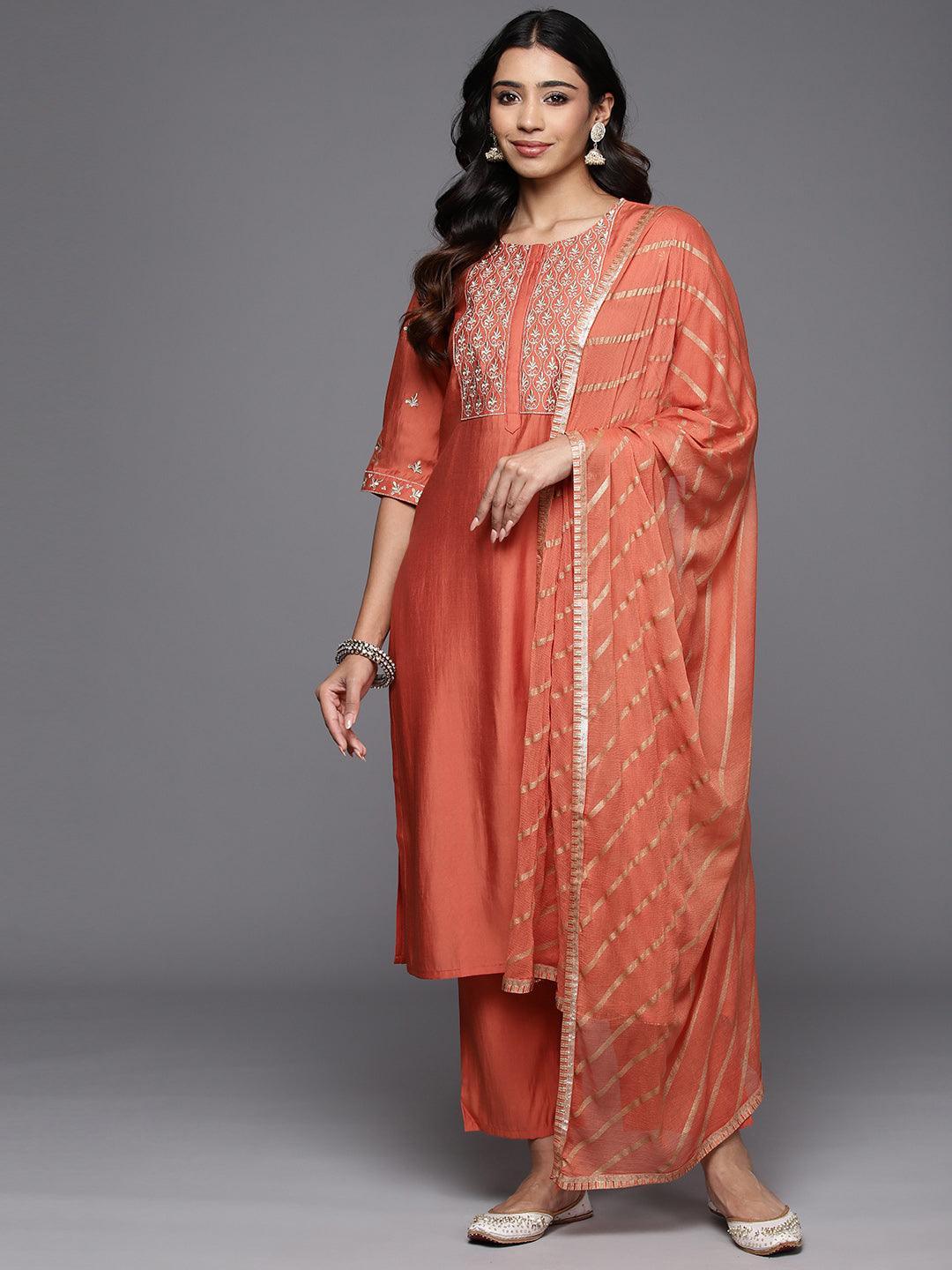 Coral Solid Silk Blend Straight Kurta With Trousers & Dupatta - Libas