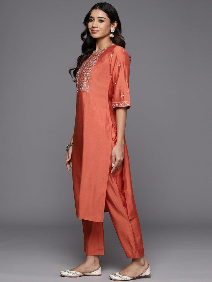 Coral Solid Silk Blend Straight Kurta With Trousers & Dupatta - Libas