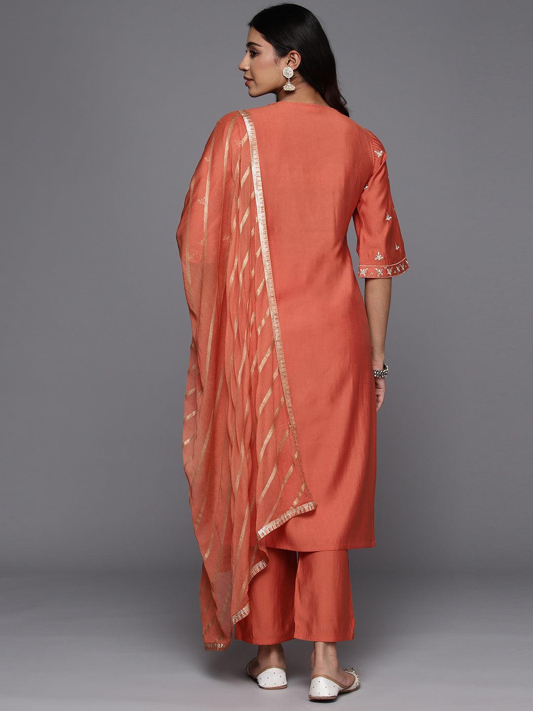 Coral Solid Silk Blend Straight Kurta With Trousers & Dupatta - Libas