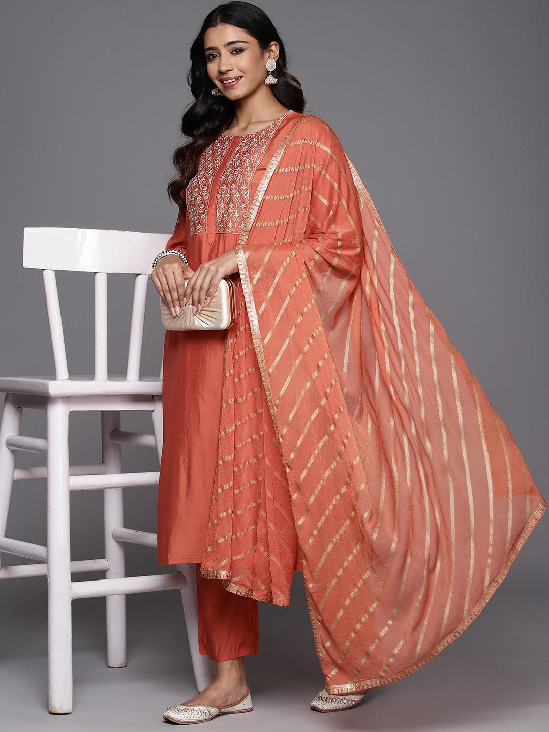 Coral Solid Silk Blend Straight Suit With Dupatta