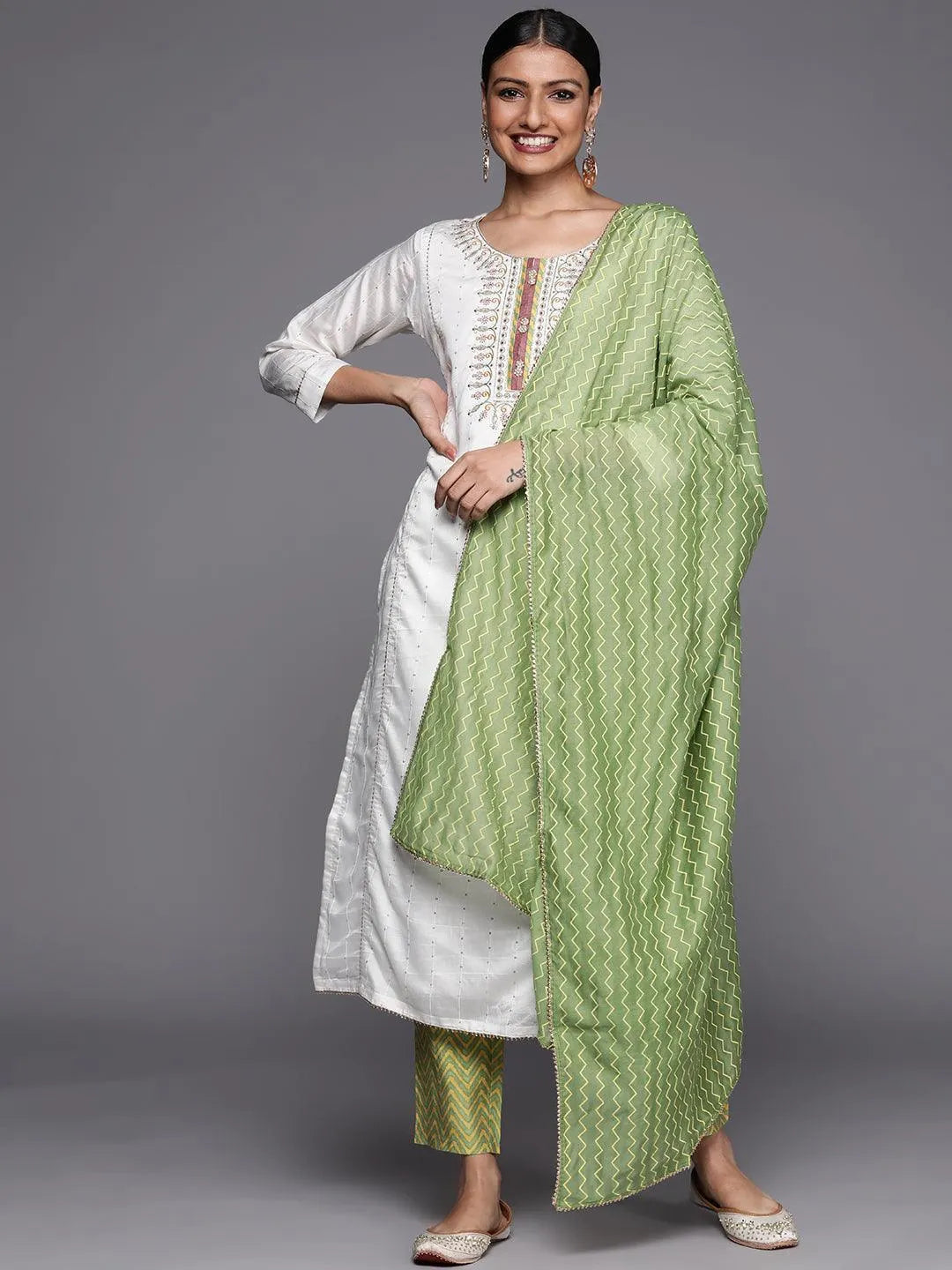 Cream Embroidered Chanderi Silk Straight Suit Set - ShopLibas