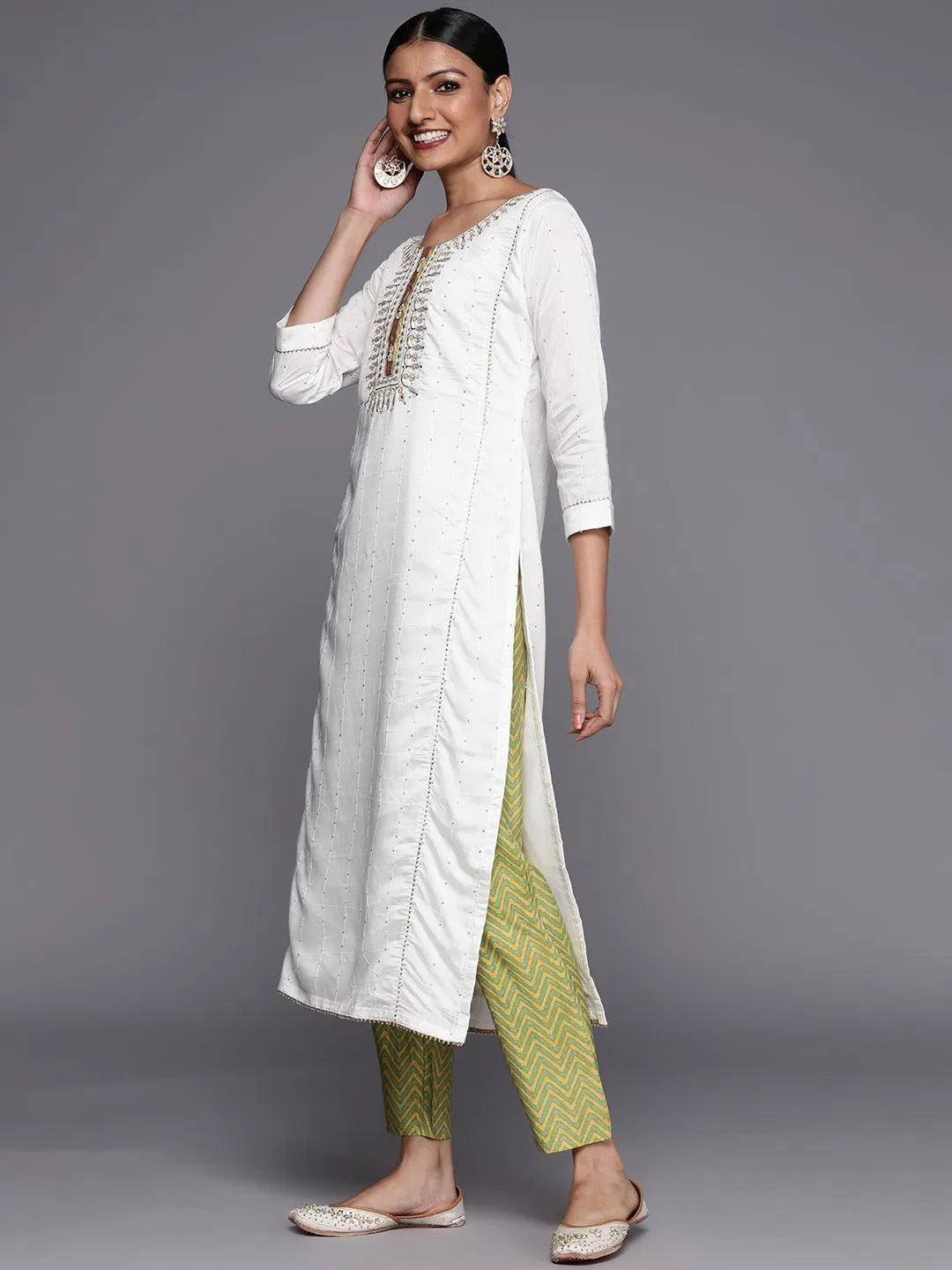 Cream Embroidered Chanderi Silk Straight Suit Set