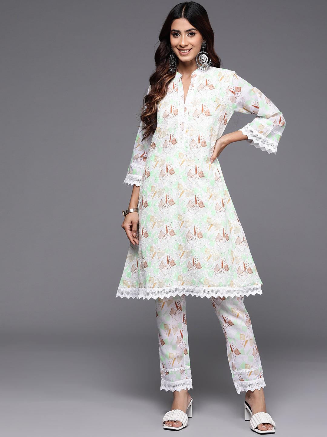 Cream Printed Cotton A-Line Kurta With Trousers