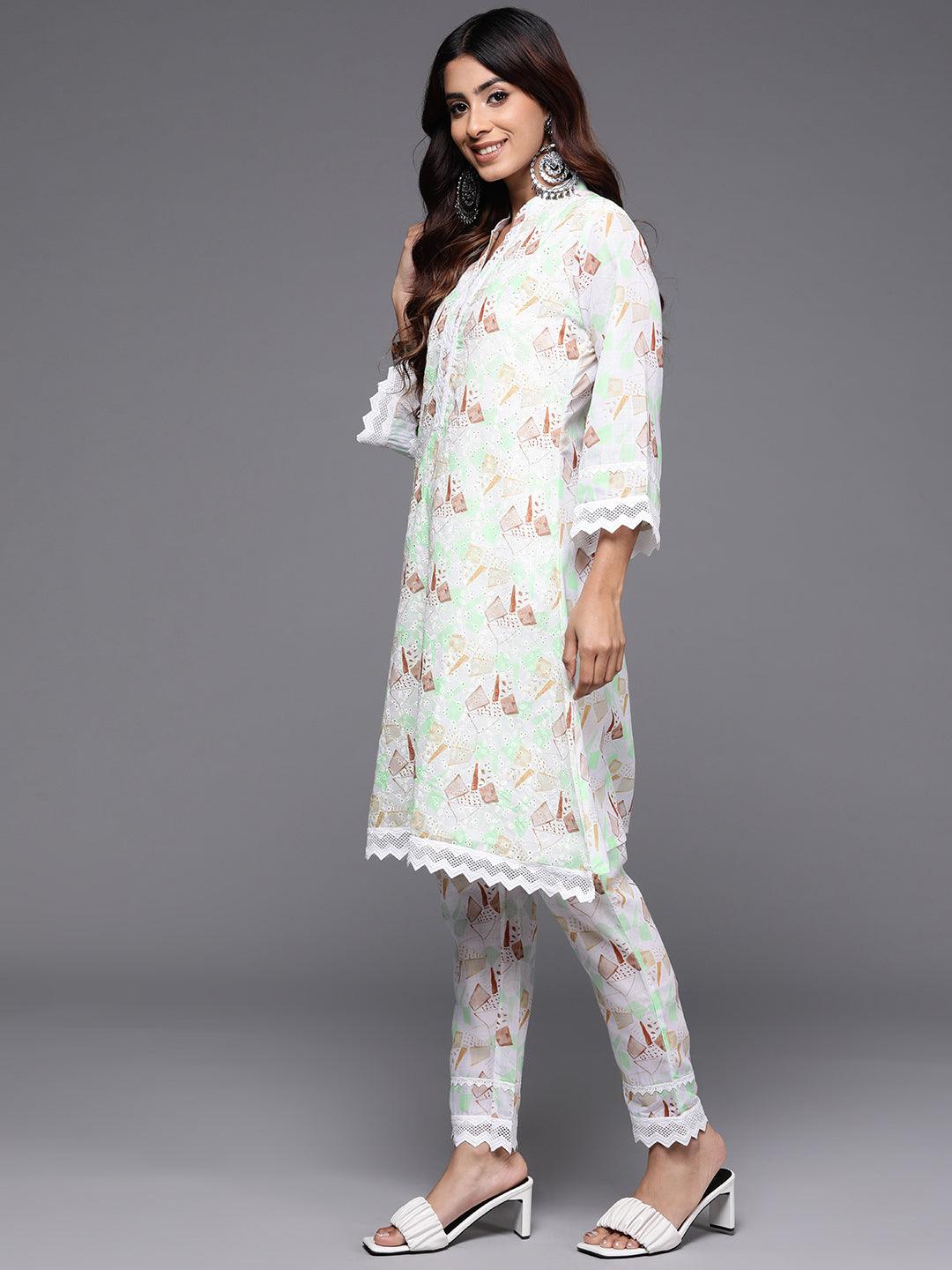 Cream Printed Cotton A-Line Kurta With Trousers