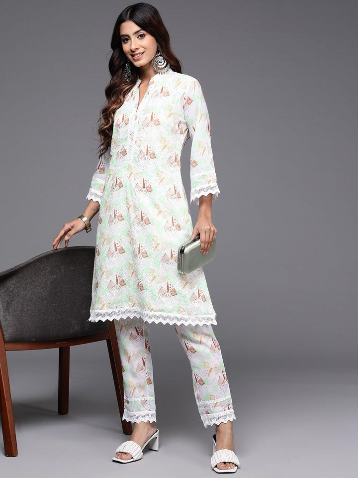 Cream Printed Cotton A-Line Kurta With Trousers - ShopLibas