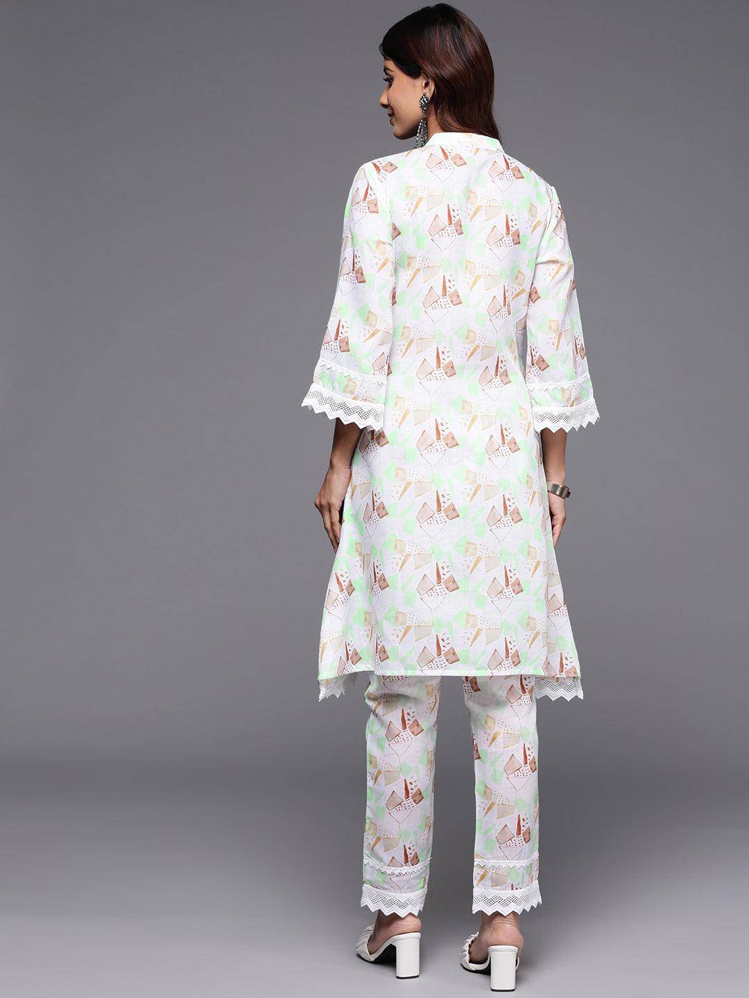 Cream Printed Cotton A-Line Kurta With Trousers