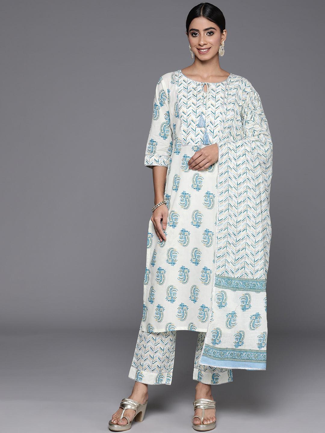 Cream Printed Cotton Straight Suit With Dupatta