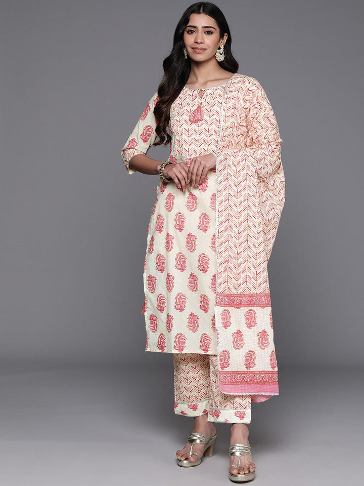 Cream Printed Cotton Straight Kurta With Trousers & Dupatta - ShopLibas