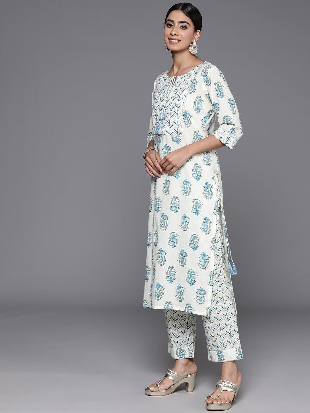 Cream Printed Cotton Straight Suit With Dupatta