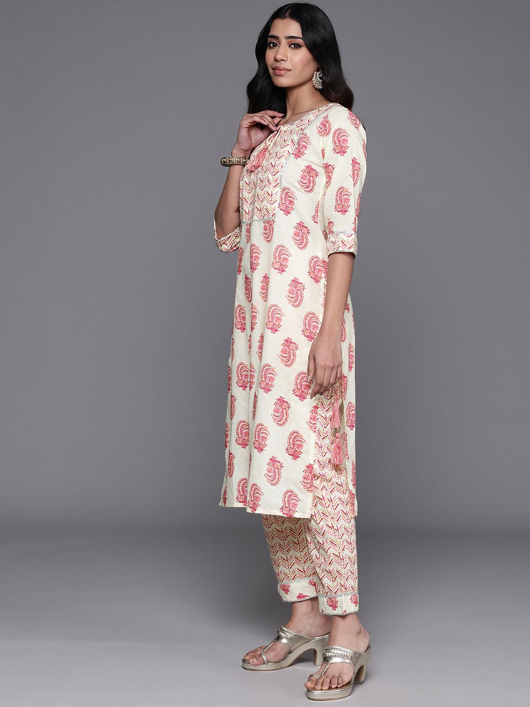 Cream Printed Cotton Straight Kurta With Trousers & Dupatta - ShopLibas