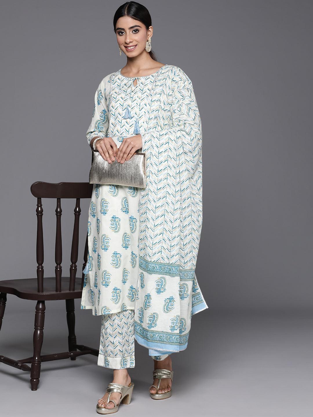 Cream Printed Cotton Straight Suit With Dupatta