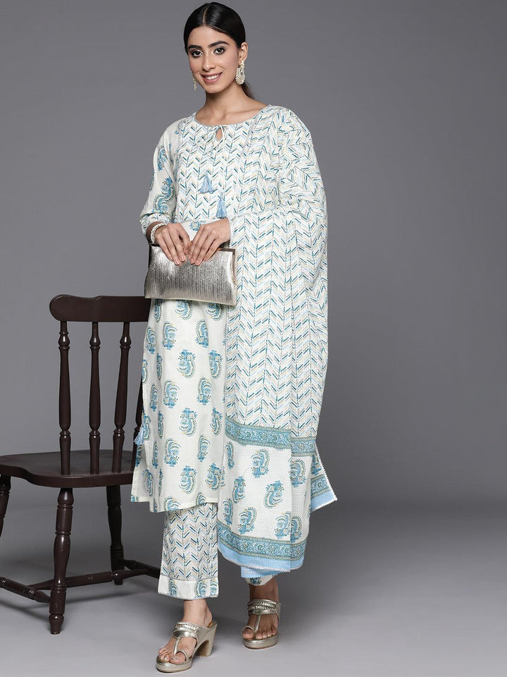 Cream Printed Cotton Straight Kurta With Trousers & Dupatta - ShopLibas