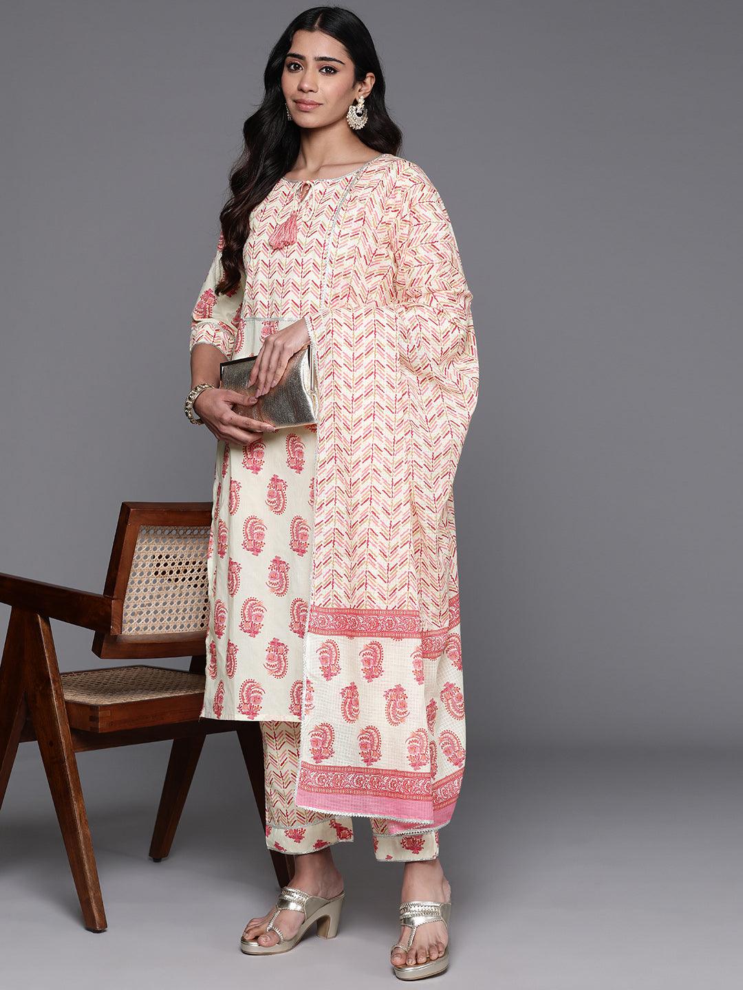 Cream Printed Cotton Straight Kurta With Trousers & Dupatta - ShopLibas