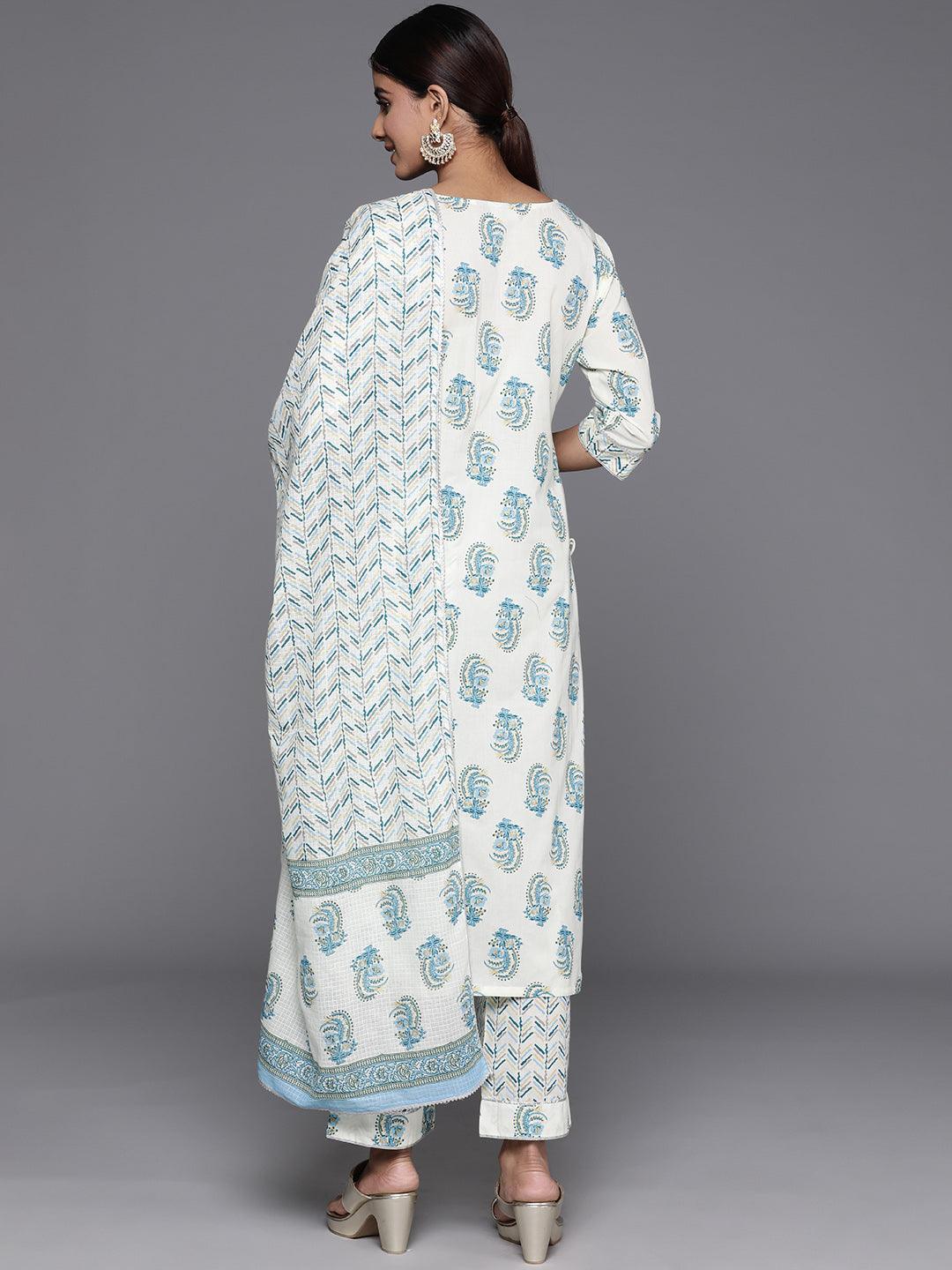 Cream Printed Cotton Straight Suit With Dupatta