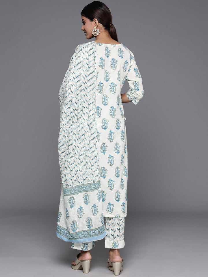 Cream Printed Cotton Straight Kurta With Trousers & Dupatta - ShopLibas