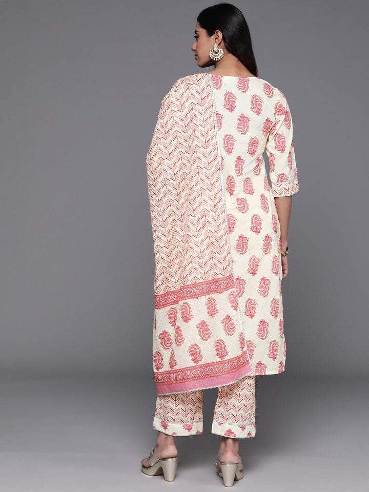 Cream Printed Cotton Straight Kurta With Trousers & Dupatta - ShopLibas