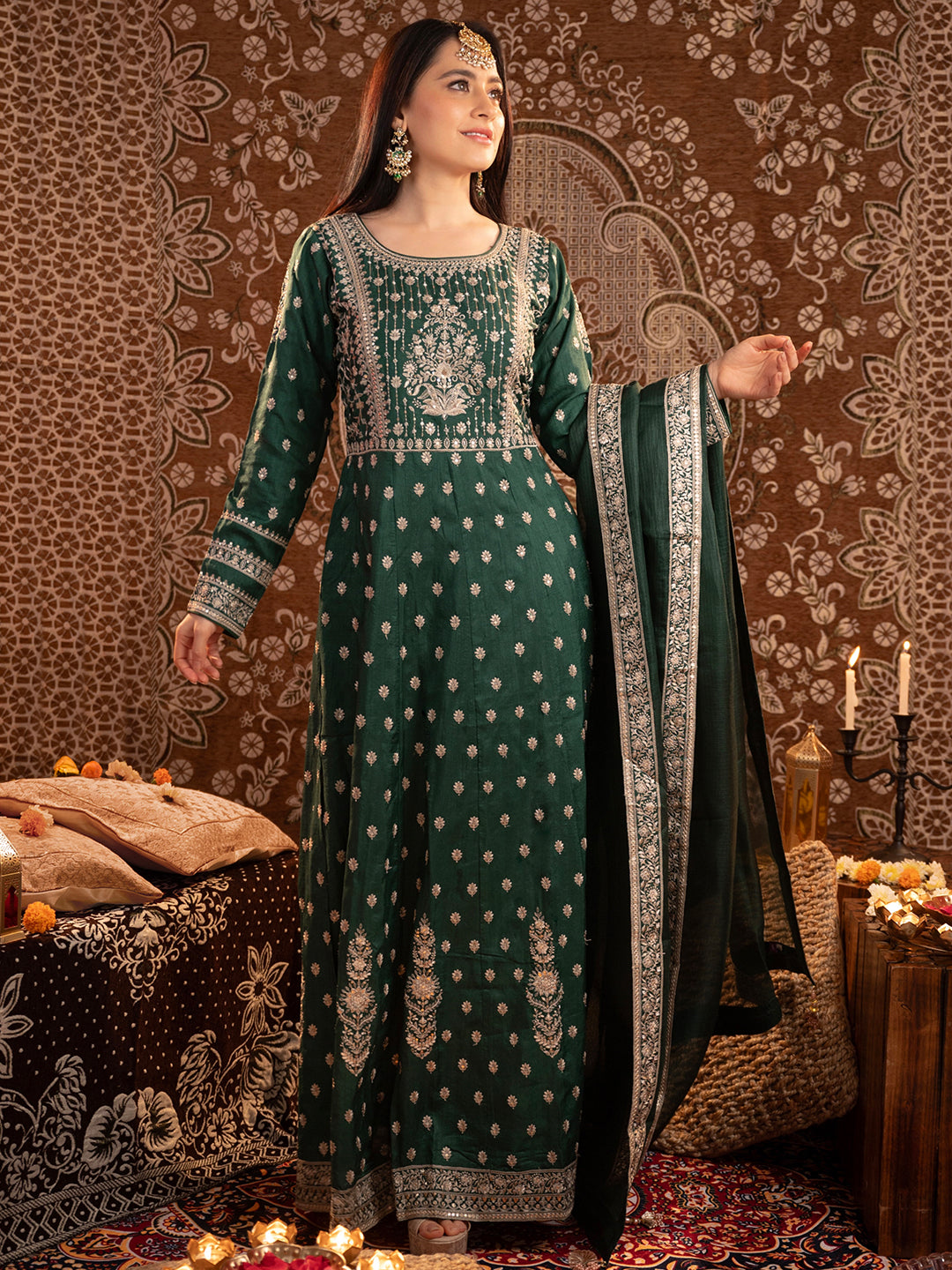 Libas Art Bottle Green Embroidered Silk A-Line Kurta With Trousers & Dupatta