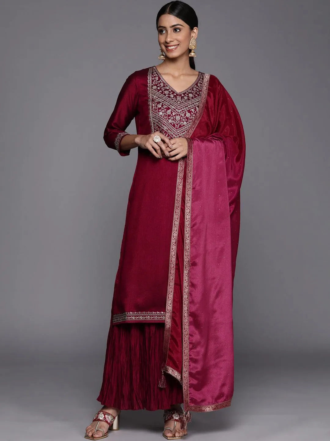 Fuchsia Yoke Design Silk Blend Straight Suit Set - ShopLibas