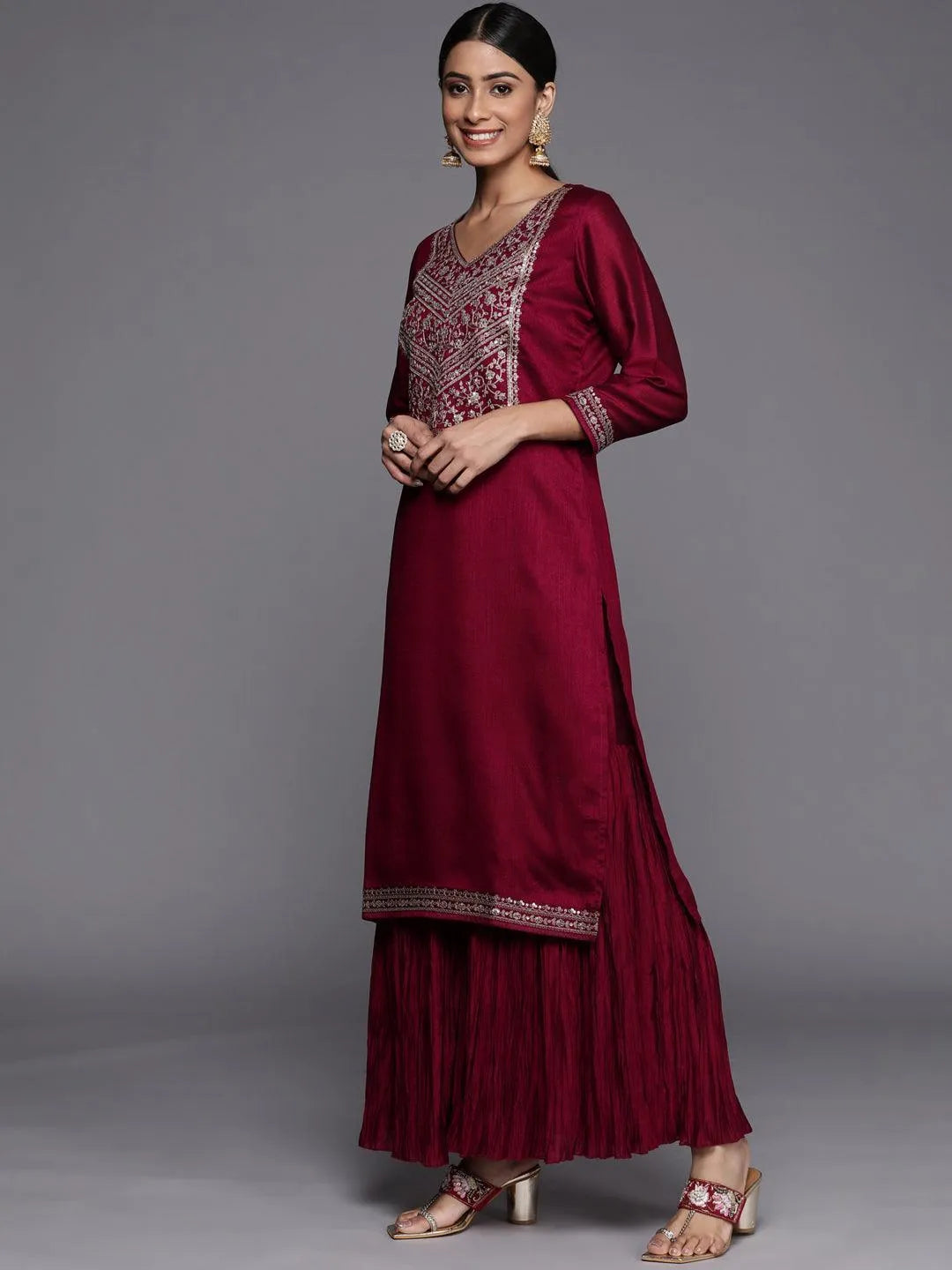 Fuchsia Yoke Design Silk Blend Straight Suit Set