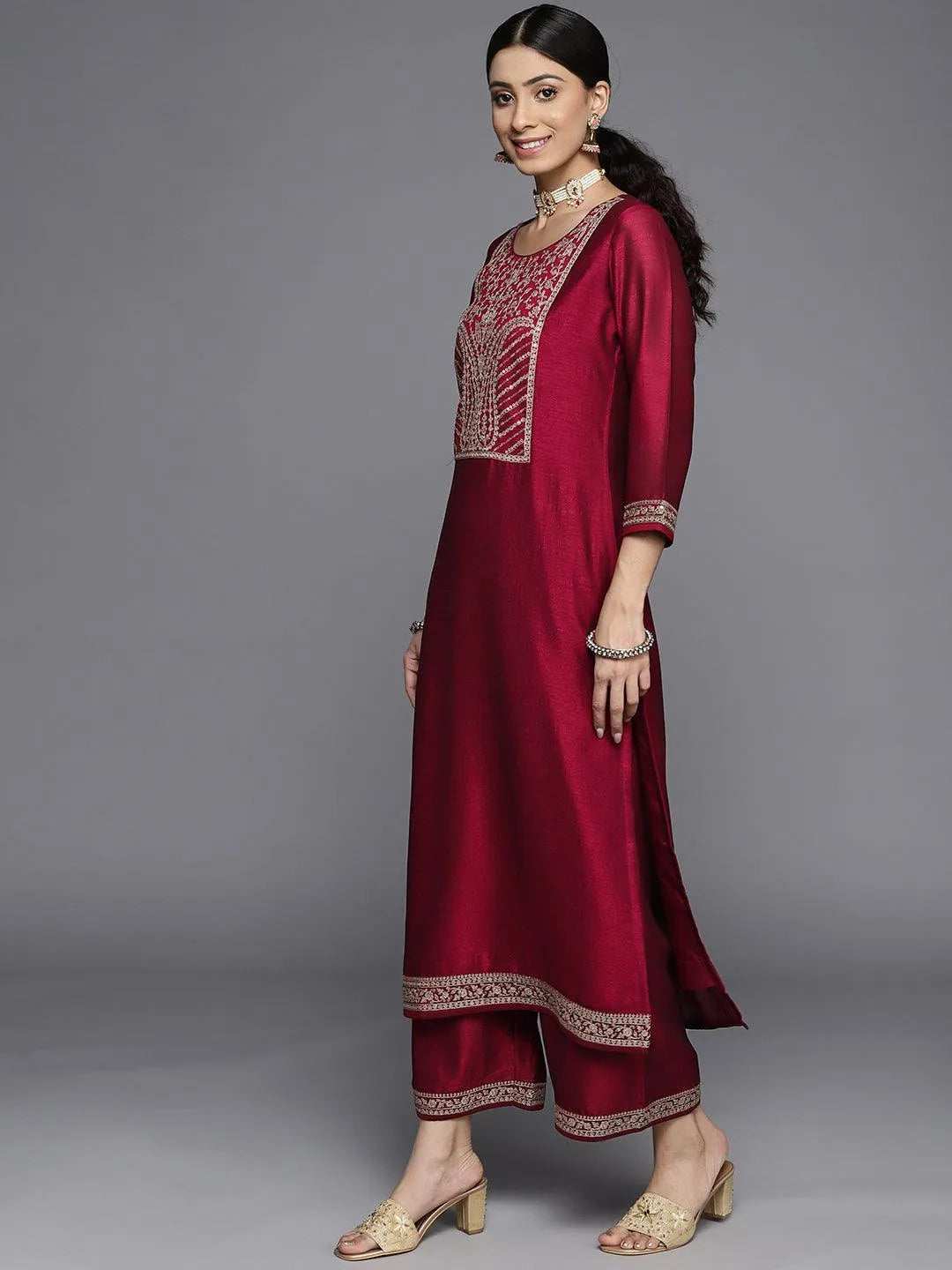 Fuchsia Yoke Design Silk Kurta - ShopLibas