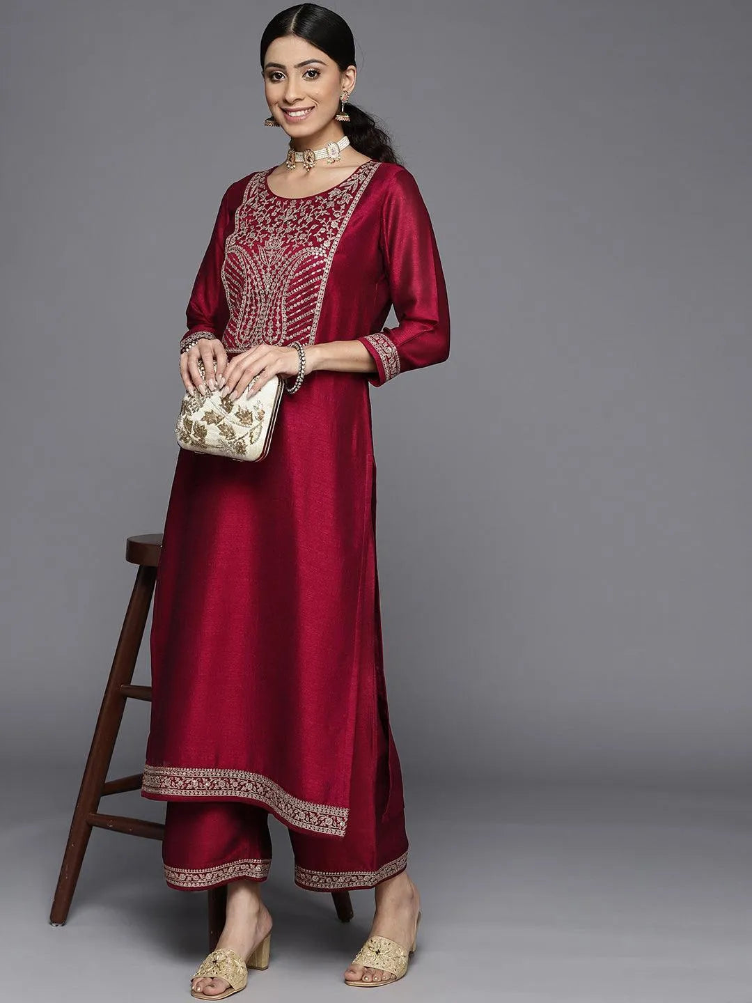 Fuchsia Yoke Design Silk Kurta - ShopLibas