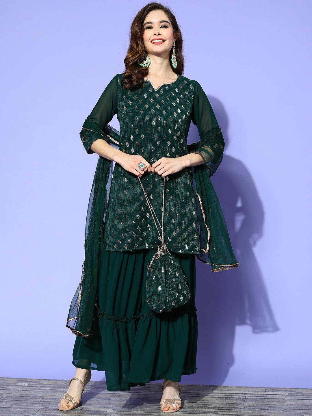 Green Embellished Georgette Straight Kurta With Sharara & Dupatta