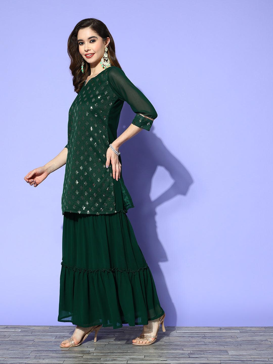 Green Embellished Georgette Straight Kurta With Sharara & Dupatta