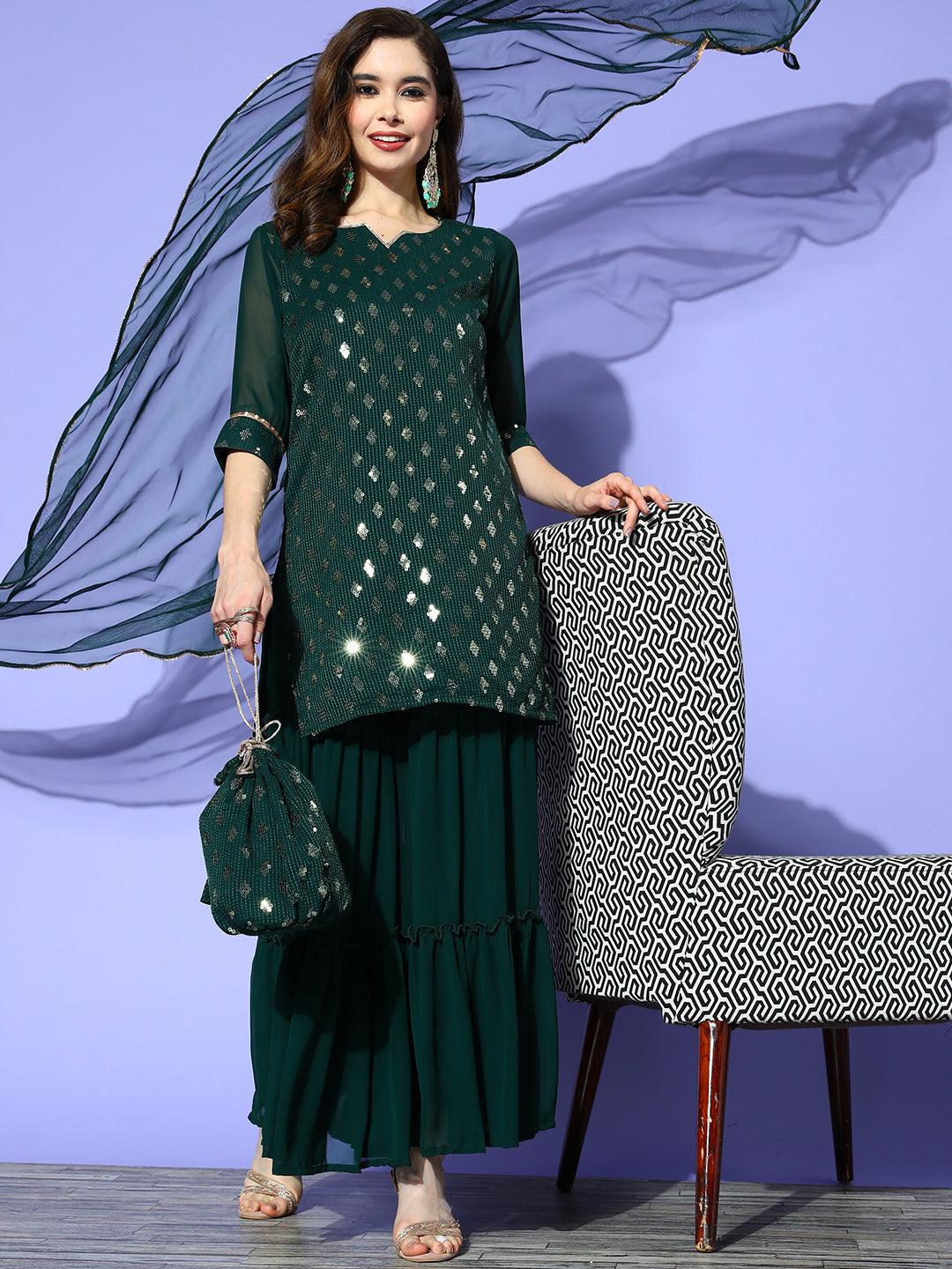 Green Embellished Georgette Straight Kurta With Sharara & Dupatta