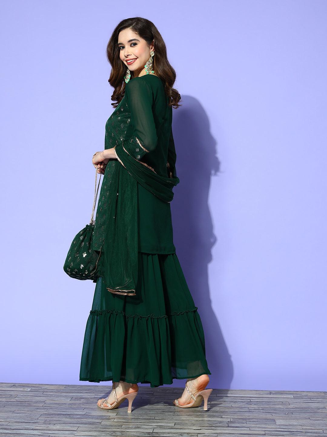 Green Embellished Georgette Straight Kurta With Sharara & Dupatta