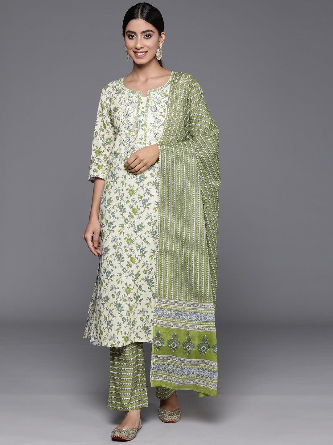 Green Printed Cotton Straight Kurta With Palazzos & Dupatta - ShopLibas