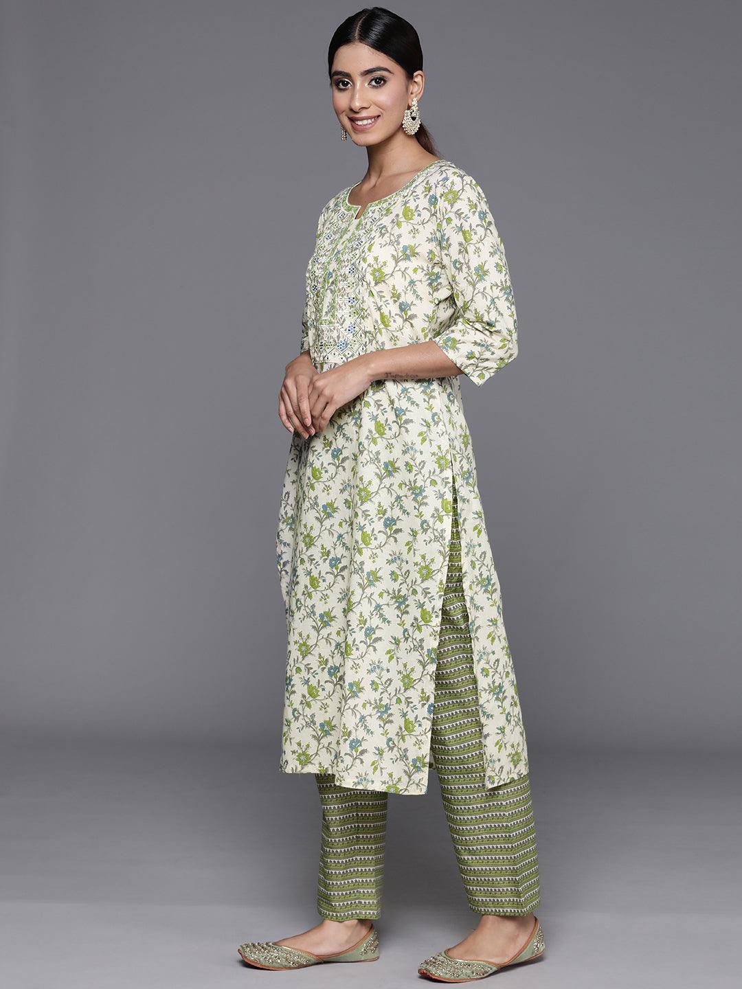 Green Printed Cotton Straight Kurta With Palazzos & Dupatta - ShopLibas