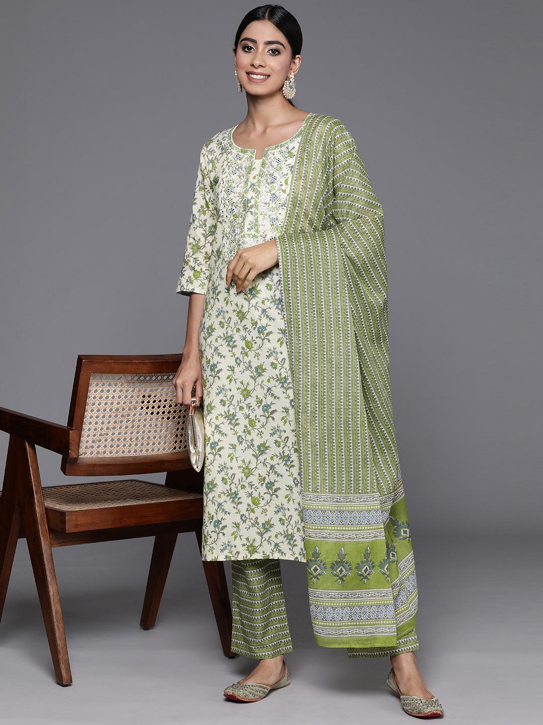 Green Printed Cotton Straight Kurta With Palazzos & Dupatta - ShopLibas