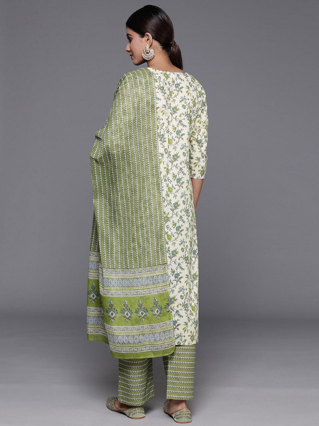 Green Printed Cotton Straight Suit With Dupatta