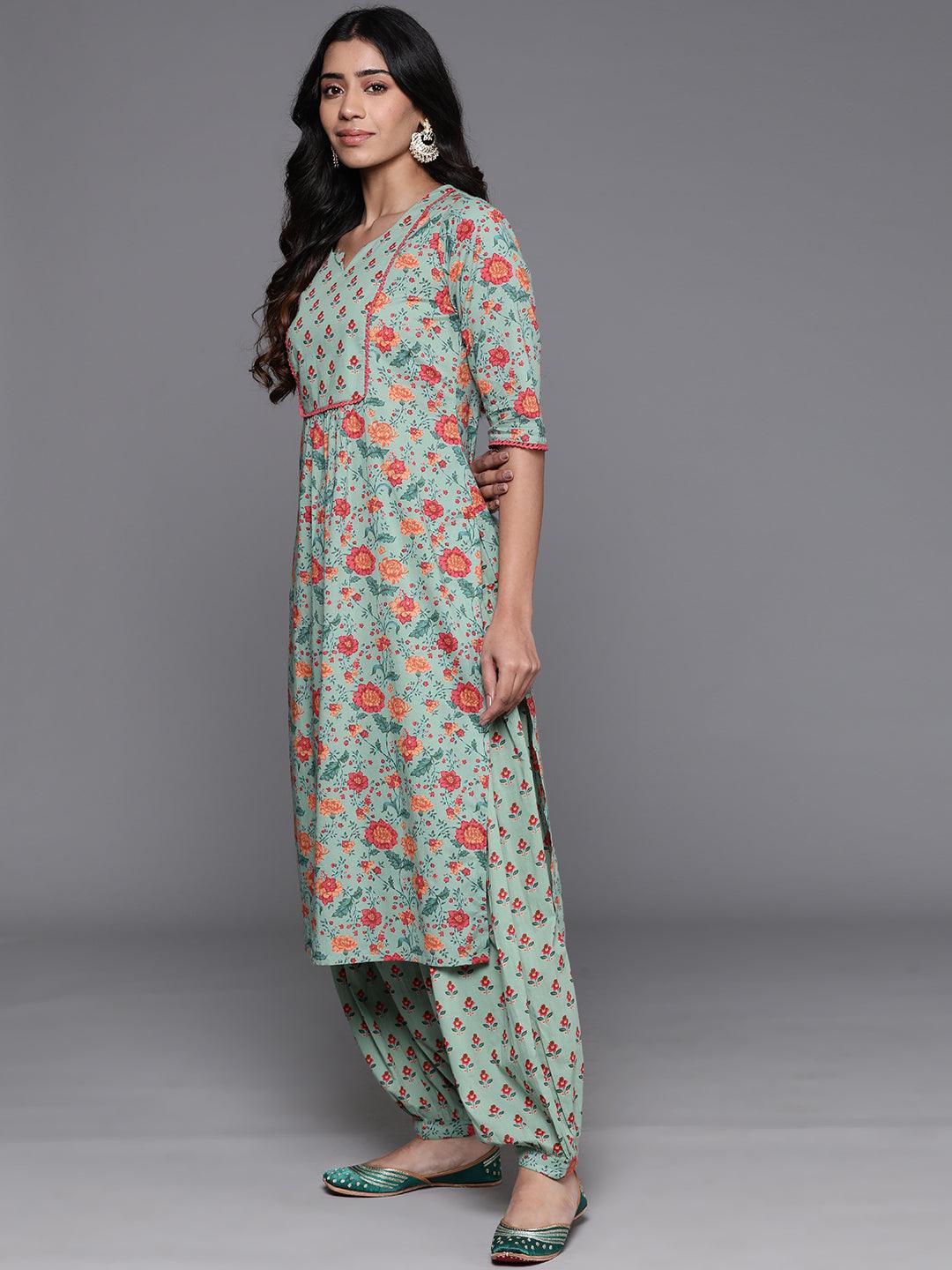 Green Printed Cotton Straight Kurta With Salwar - ShopLibas