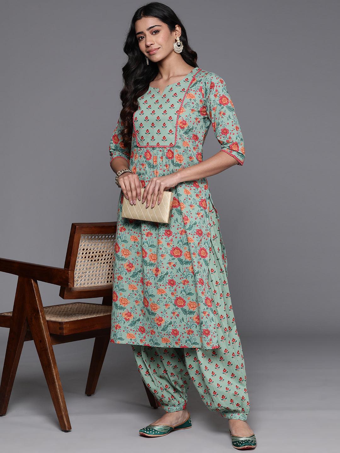 Green Printed Cotton Straight Kurta With Salwar - ShopLibas