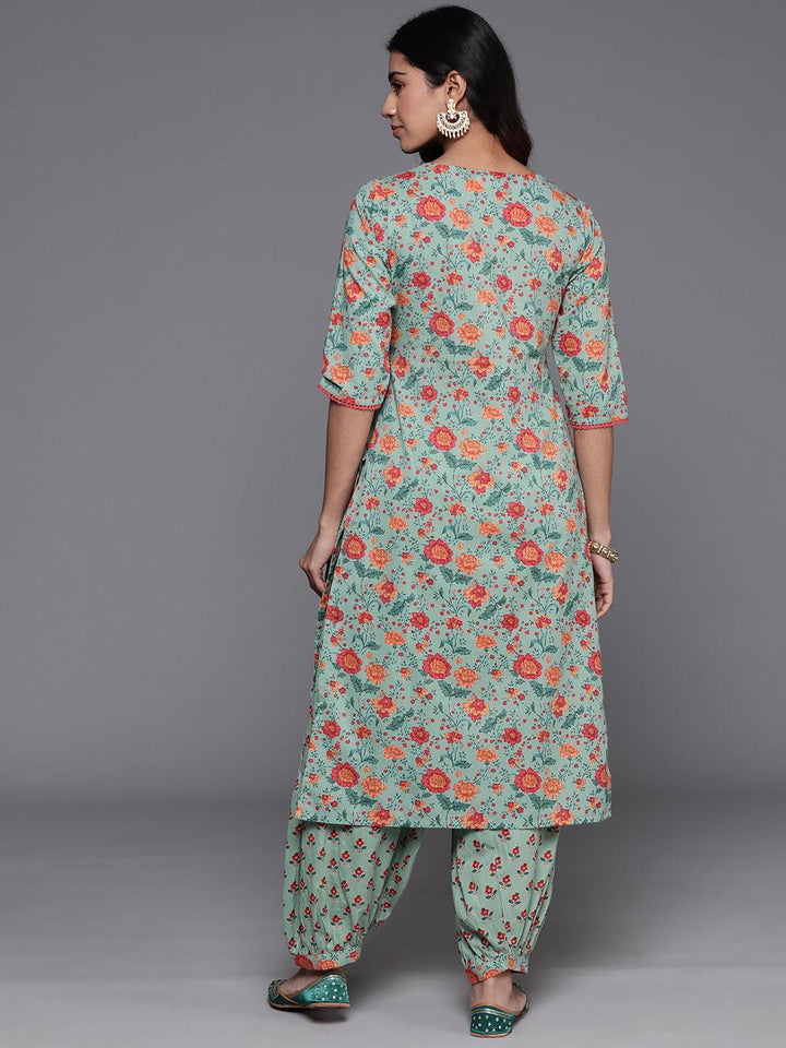 Green Printed Cotton Straight Kurta With Salwar - ShopLibas