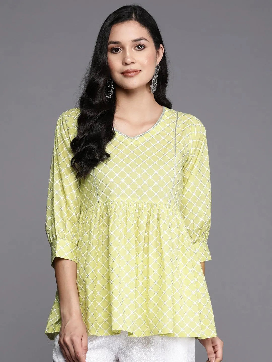 Green Printed Cotton Straight Kurti