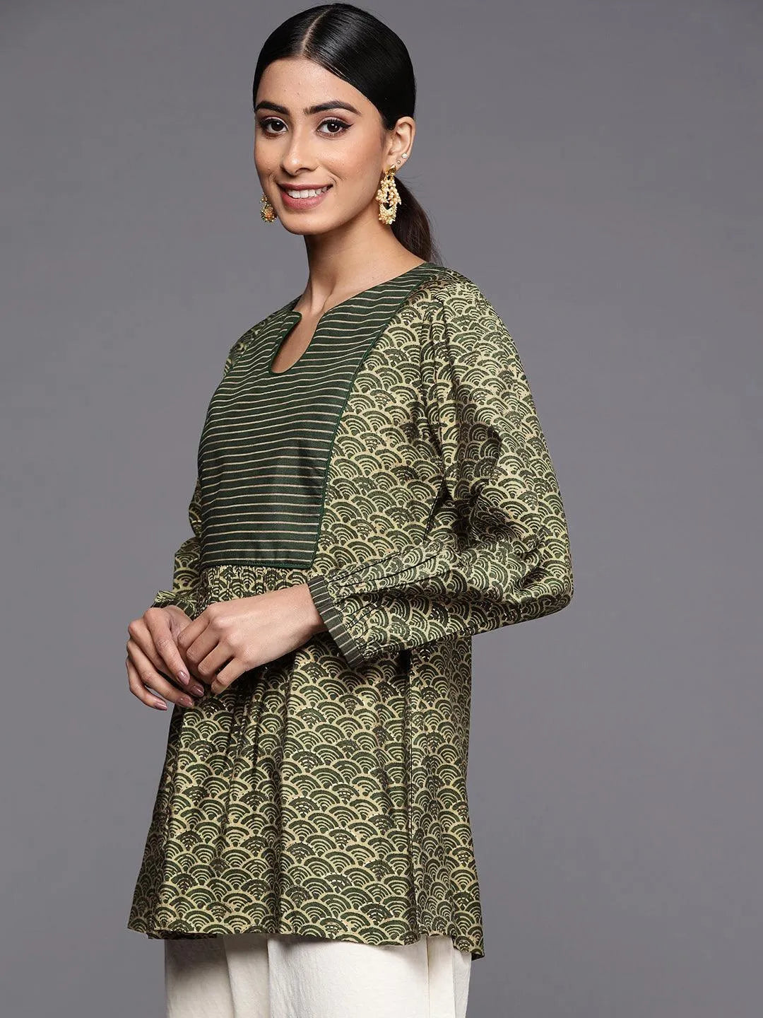 Green Printed Silk Blend A-Line Kurti