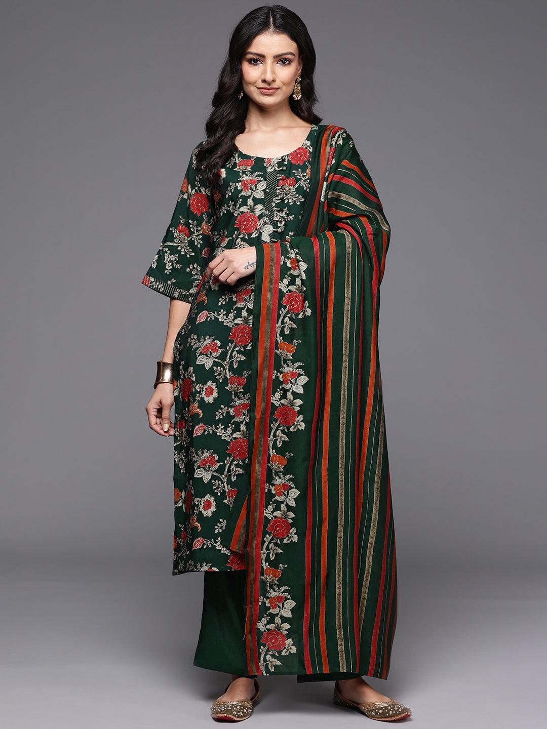 Green Printed Silk Blend Straight Suit With Dupatta