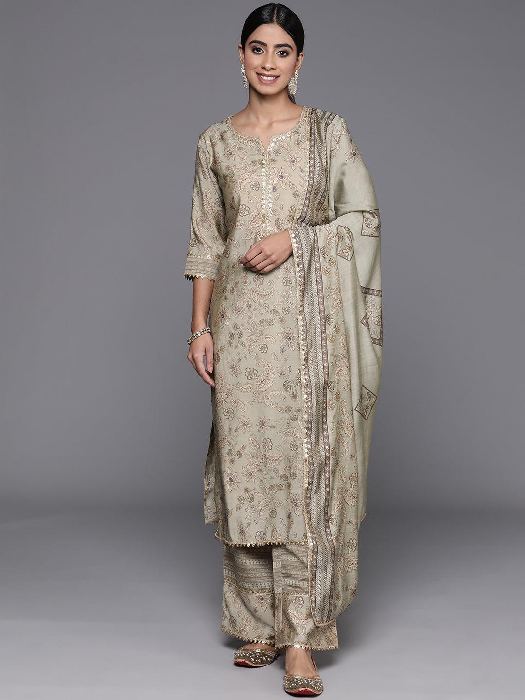 Green Printed Silk Blend Straight Kurta With Palazzos & Dupatta - ShopLibas