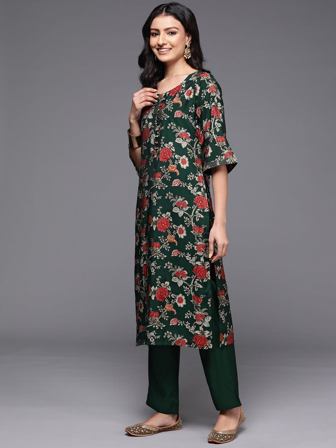 Green Printed Silk Blend Straight Suit With Dupatta