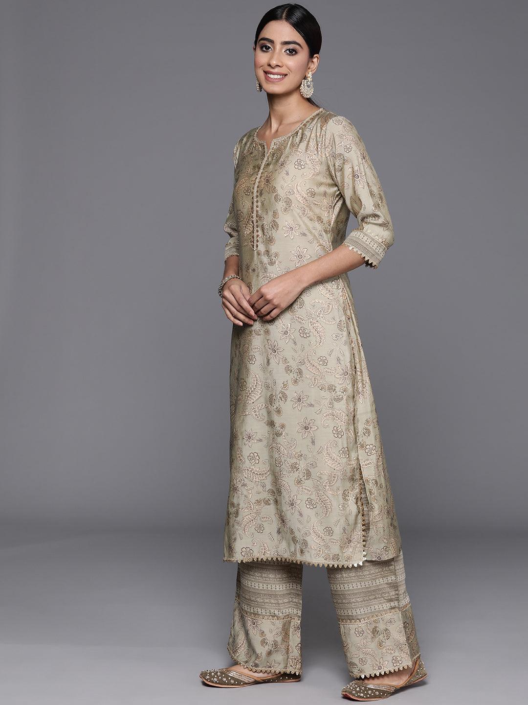 Green Printed Silk Blend Straight Suit With Dupatta