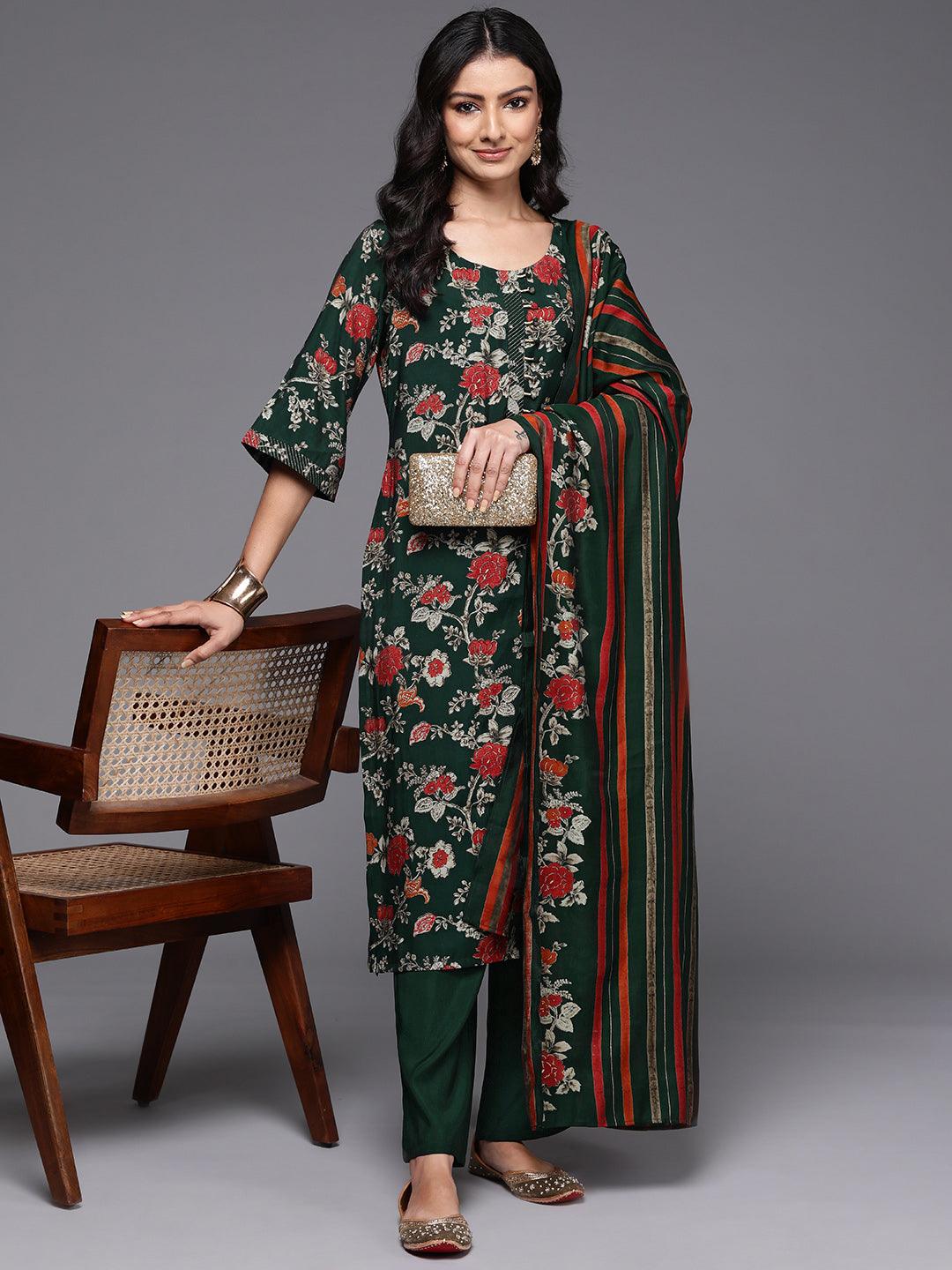 Green Printed Silk Blend Straight Suit With Dupatta