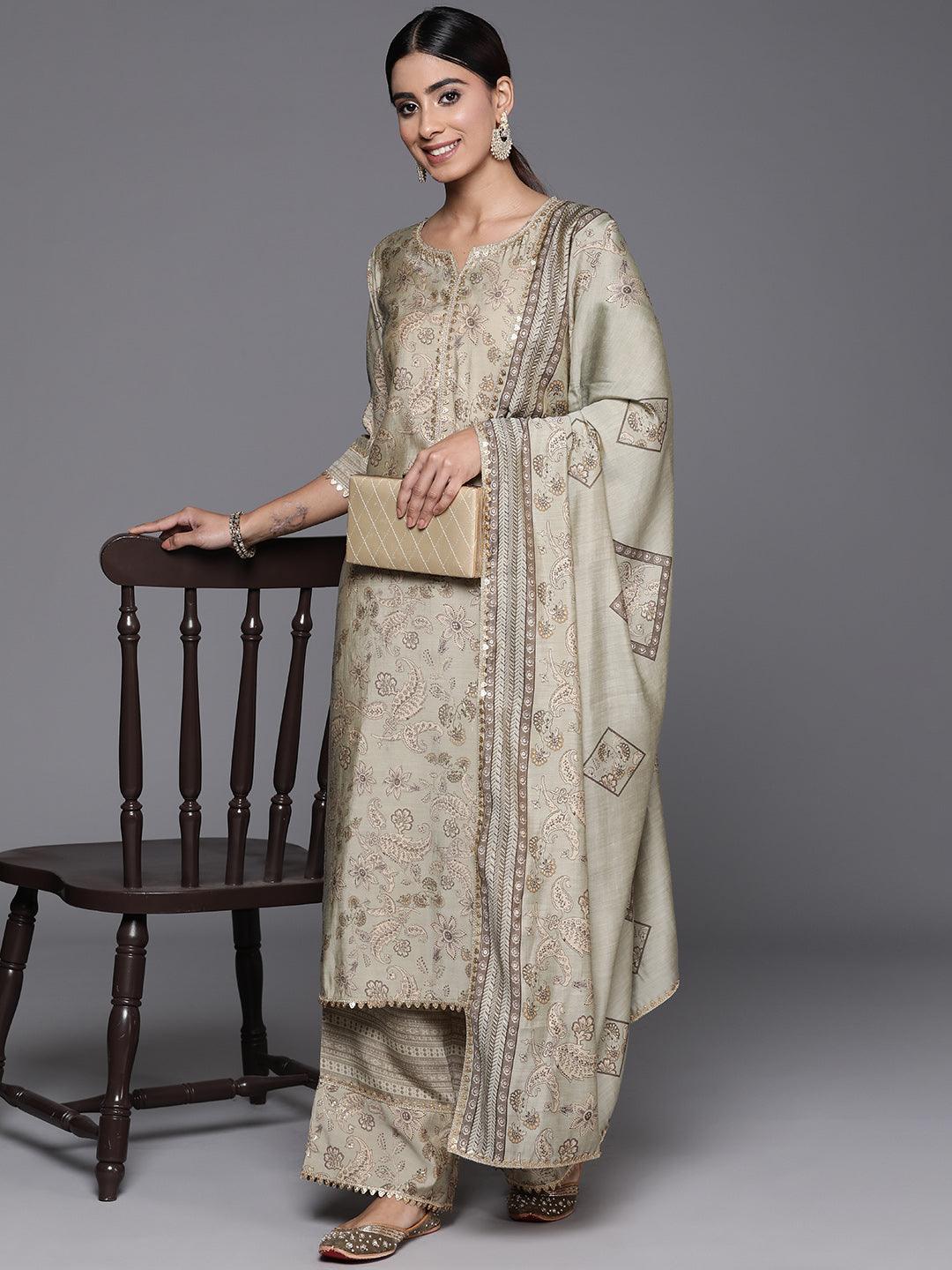 Green Printed Silk Blend Straight Suit With Dupatta