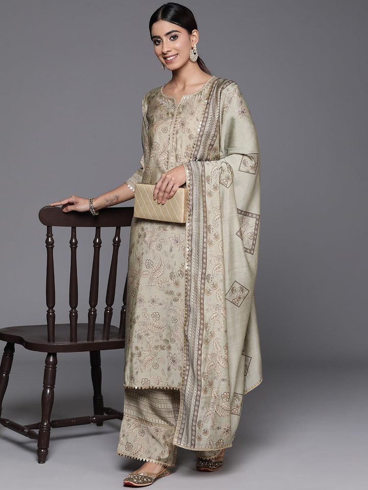 Green Printed Silk Blend Straight Kurta With Palazzos & Dupatta - ShopLibas