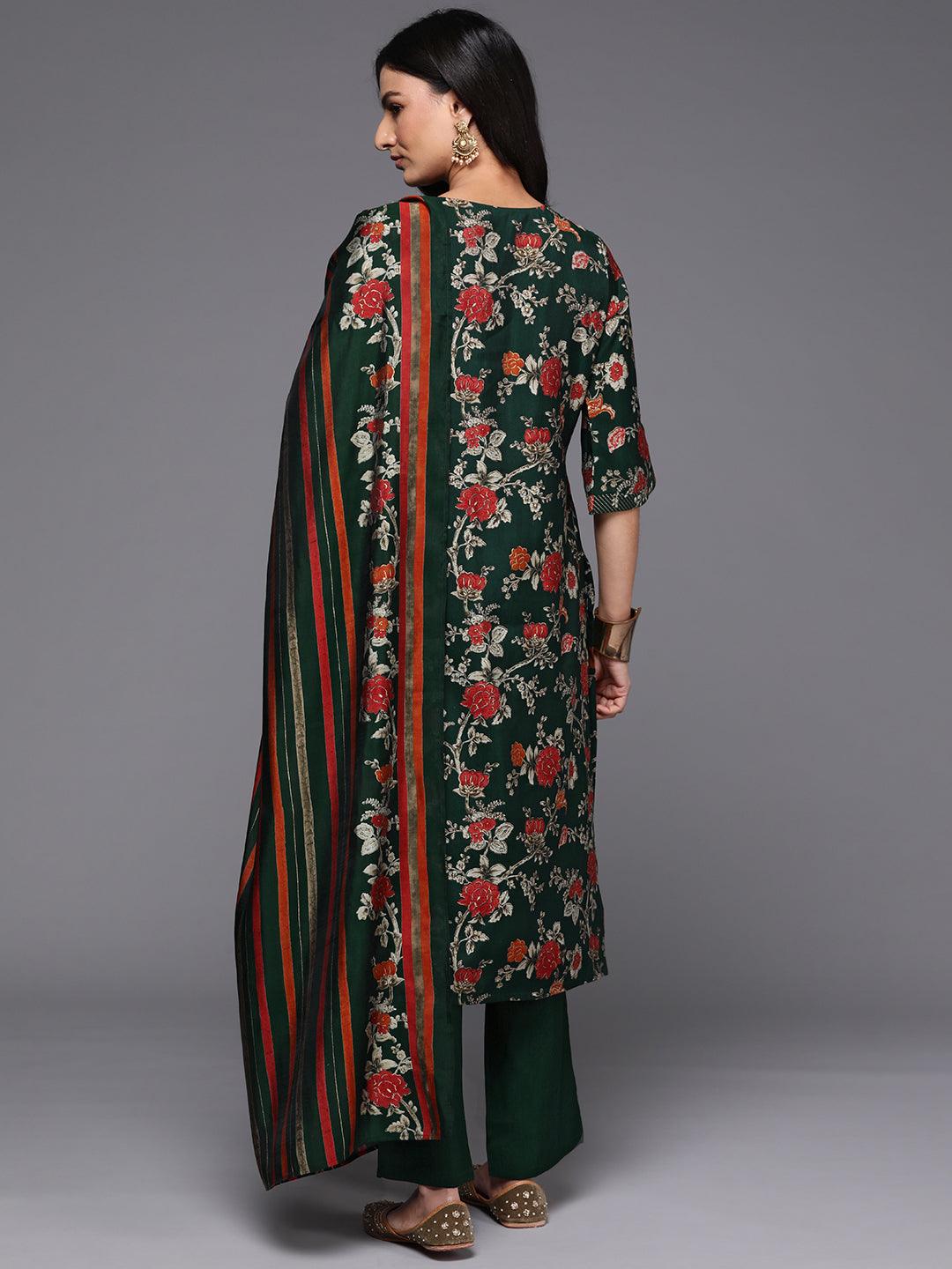 Green Printed Silk Blend Straight Suit With Dupatta