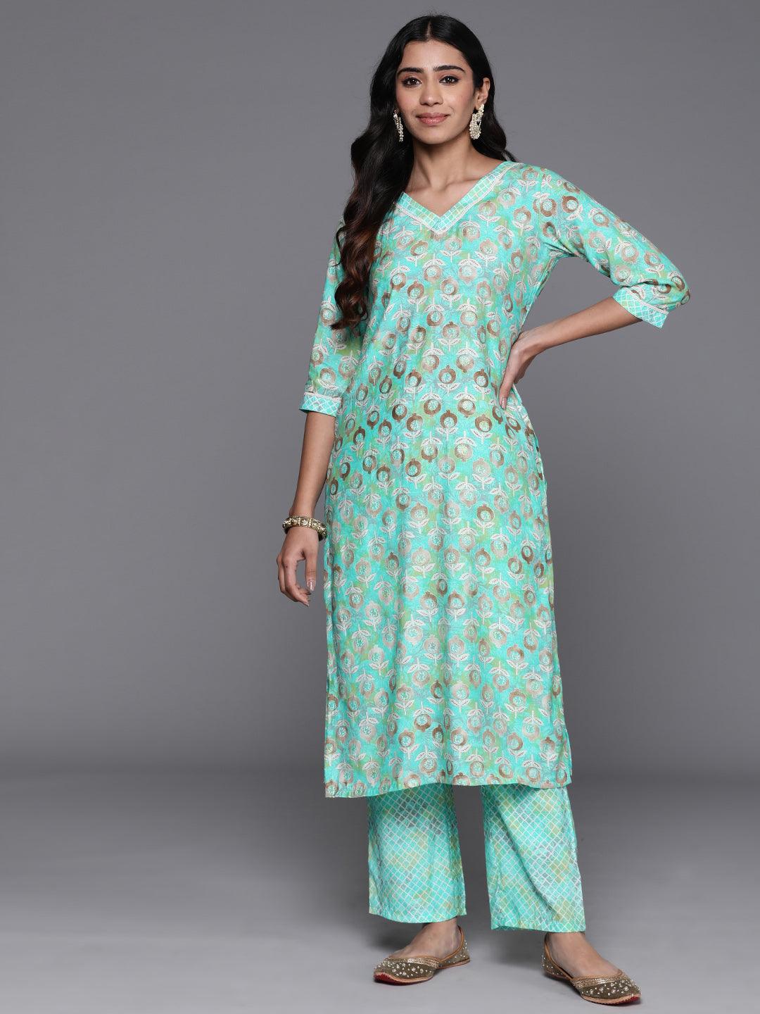 Green Printed Silk Blend Straight Kurta Set